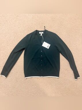 NWT COS Dark Green V-Neck Button Cardigan with White Trim small